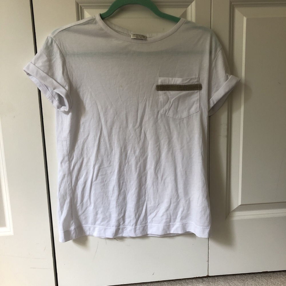 White tee with metallic pocket detail